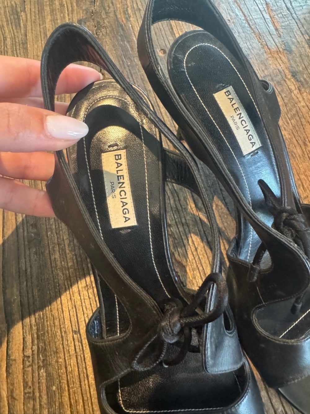 Balenciaga Black Leather Lace-Up Slingback Heels - Picture 2 of 4